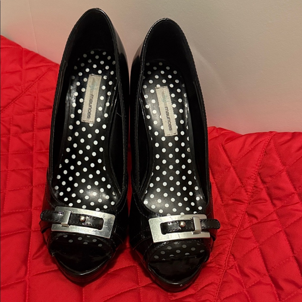 Maurices Black Peep-Toe Heels with Silver Buckle